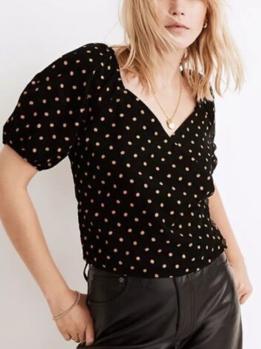 Madewell Corduroy short puff Sleeve Wrap Top blouse Oval Dot black orange M